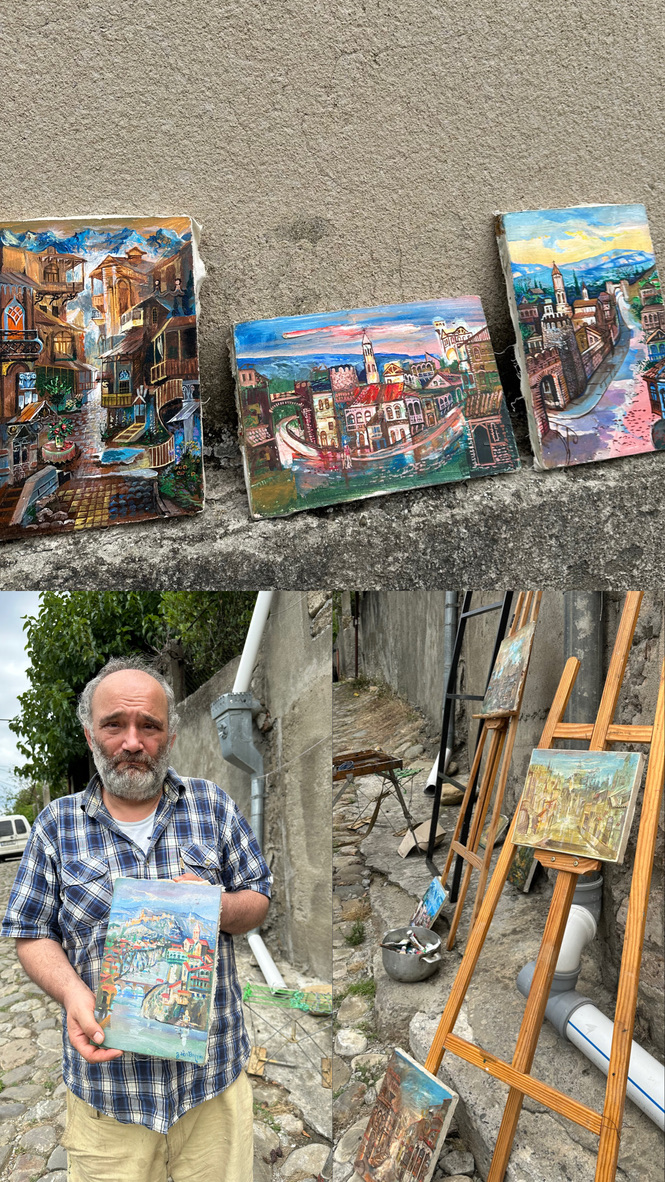 Collage af gadekunstner og hans malerier i Sighnaghi, Georgien