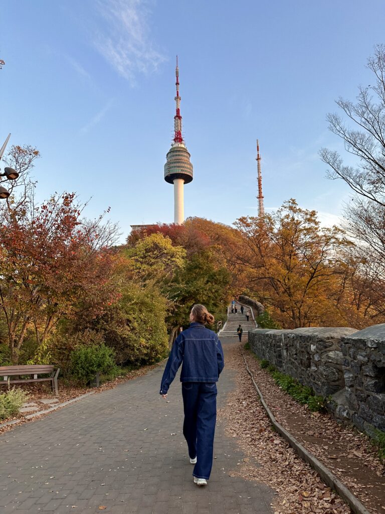 Kvinde går med ryggen til kameraet. I baggrunden Seoul Tower